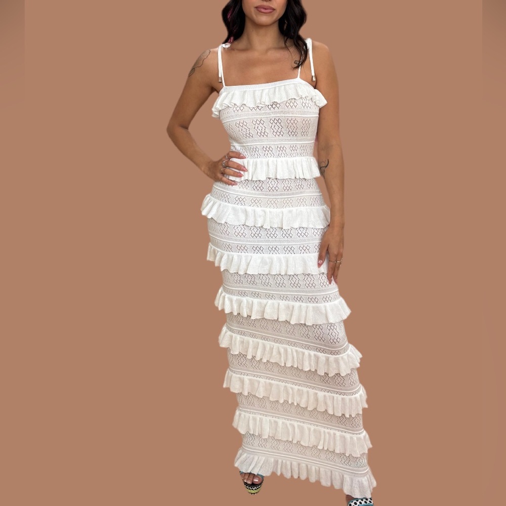 White Crochet Ruffle Maxi Dress